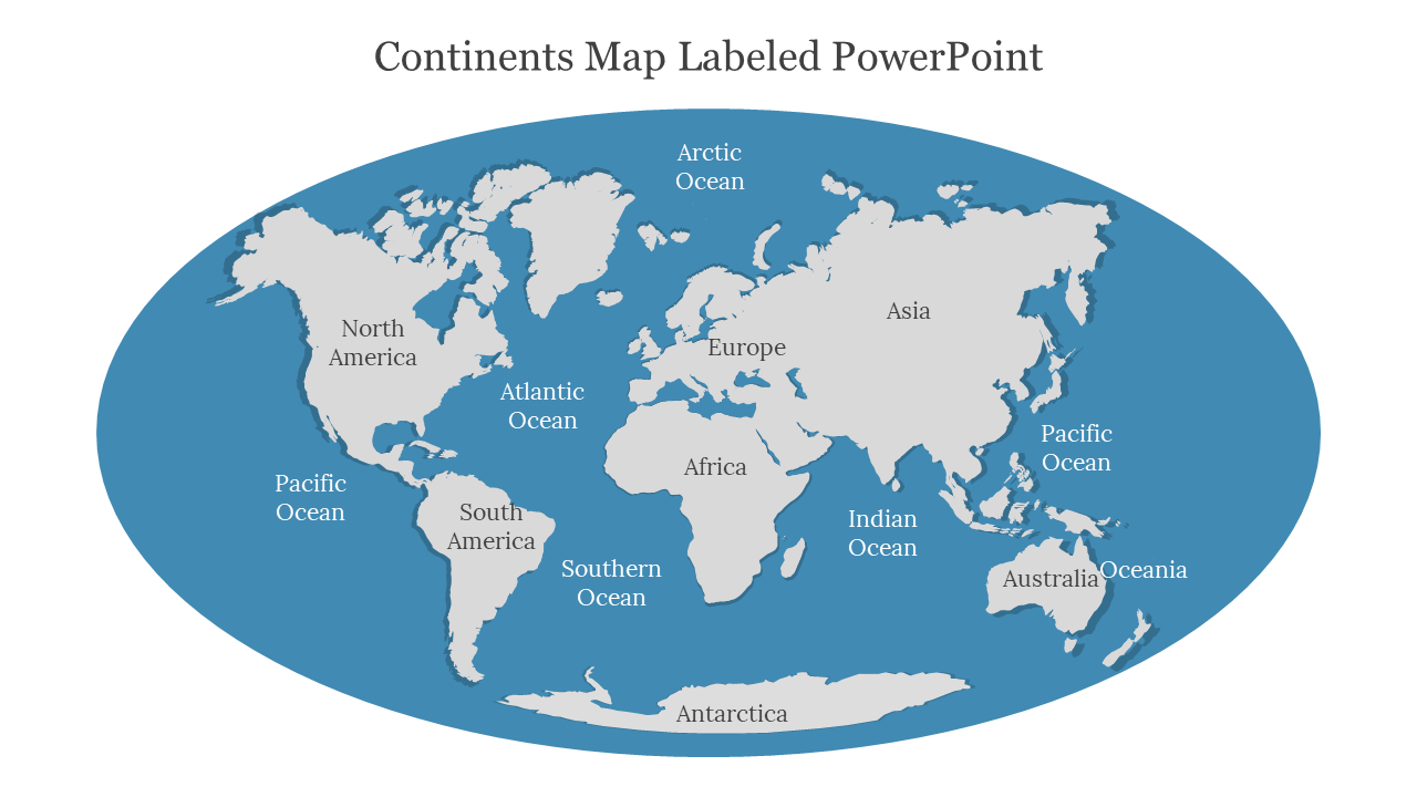 Labeled continents map with clear markings for North America, South America, Asia, and more on a blue backdrop.