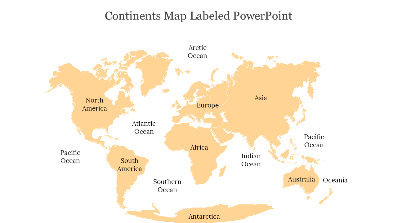 World map in soft orange tones with continent and ocean names clearly marked on a white backdrop.
