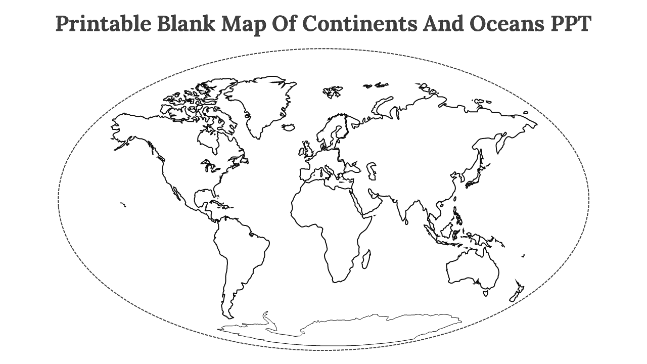 Printable blank map of the world with continents and oceans, outlined in a dashed circle on a white backdrop.