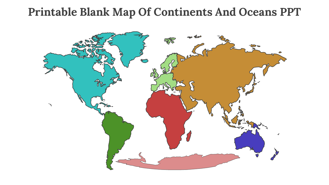 World map slide with each continent highlighted in different colors on a white backdrop.