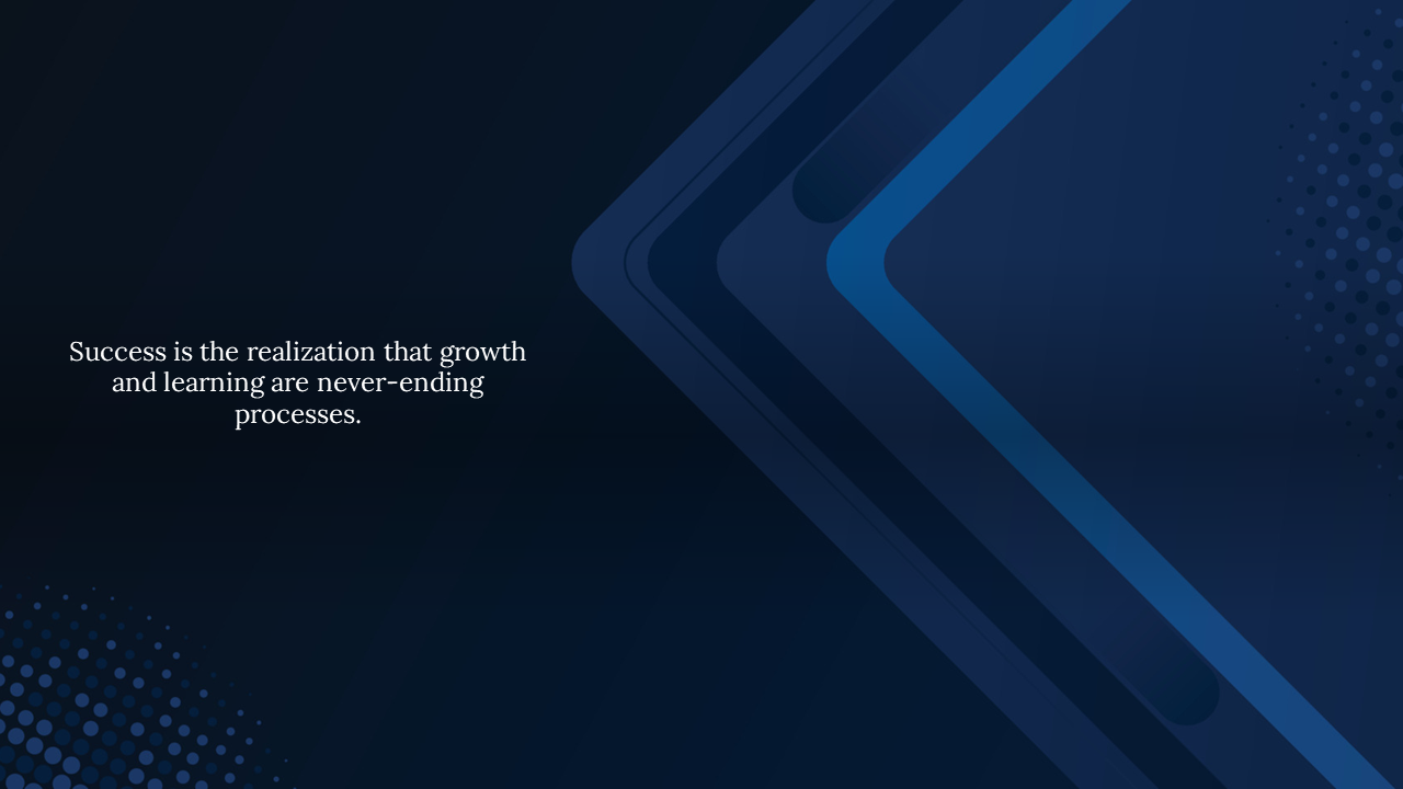 Quote about success with a blue geometric background, emphasizing that growth and learning are ongoing processes.