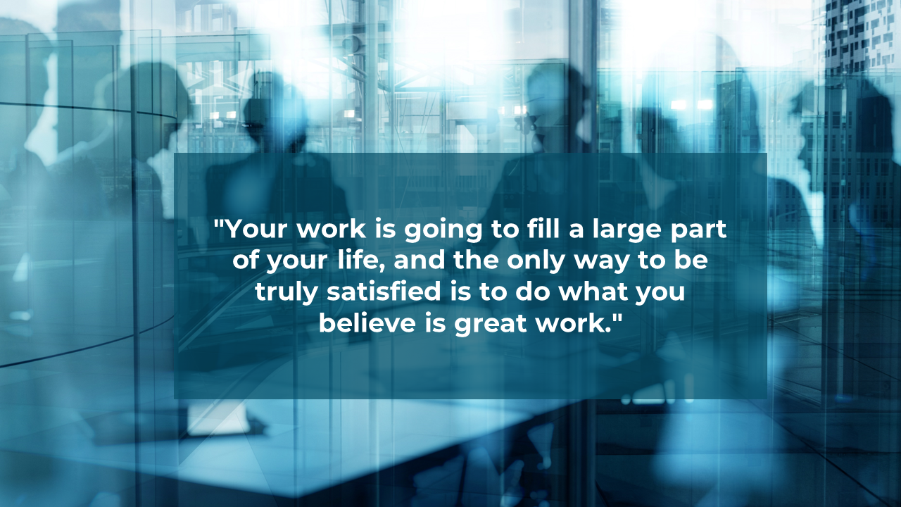 Businesspeople in a glass walled office with a motivational quote about work and passion.