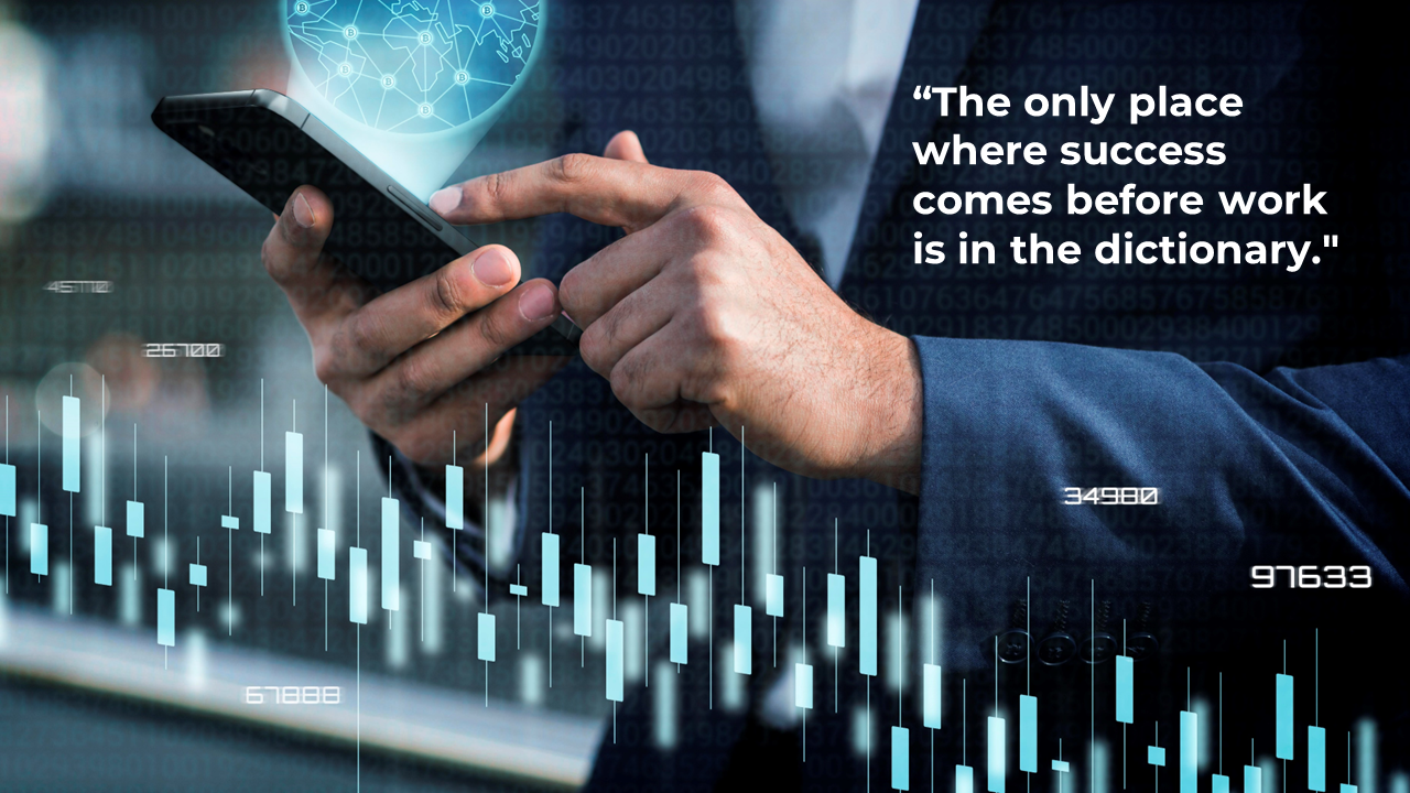 A business professional holding a phone with a data visualization background and a quote about success.
