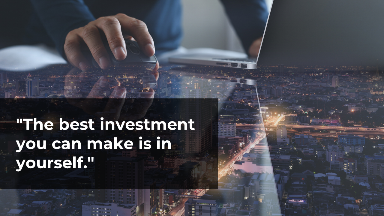 A person using a computer mouse with a cityscape background and a motivational quote on self investment.
