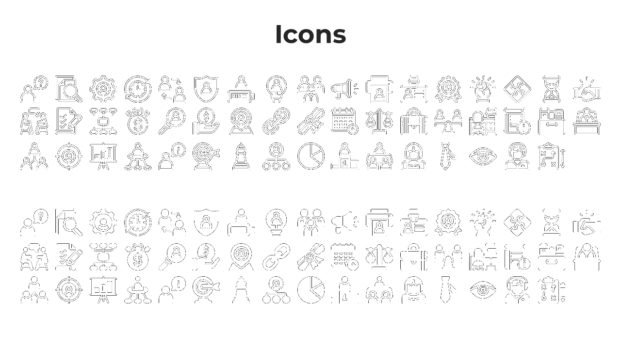 A collection of various business, finance, and technology icons including people, documents, data analysis, and tools.