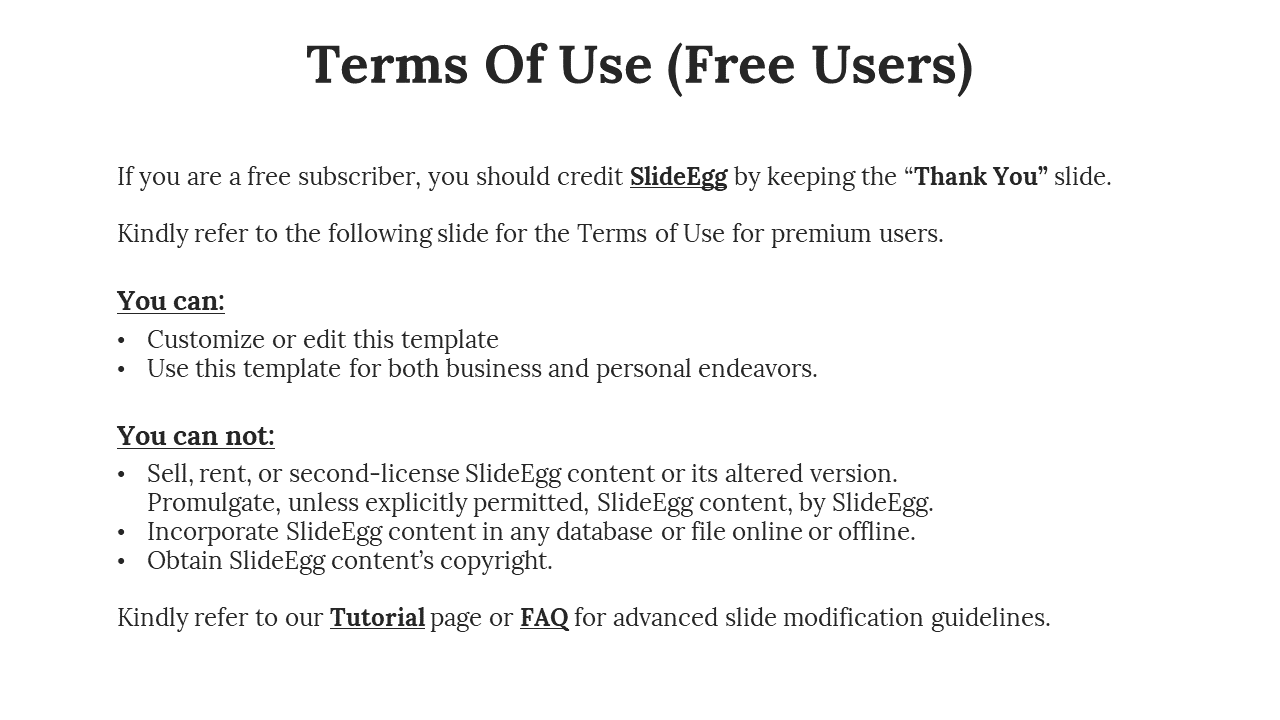 Terms of use for free SlideEgg users, stating what they can and cannot do with the templates on a white backdrop.