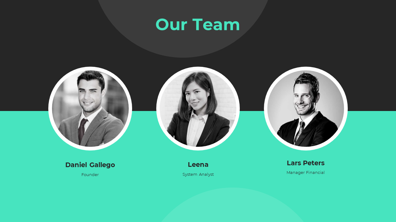 Our team slide displayed with professional headshots on a black and green backdrop.