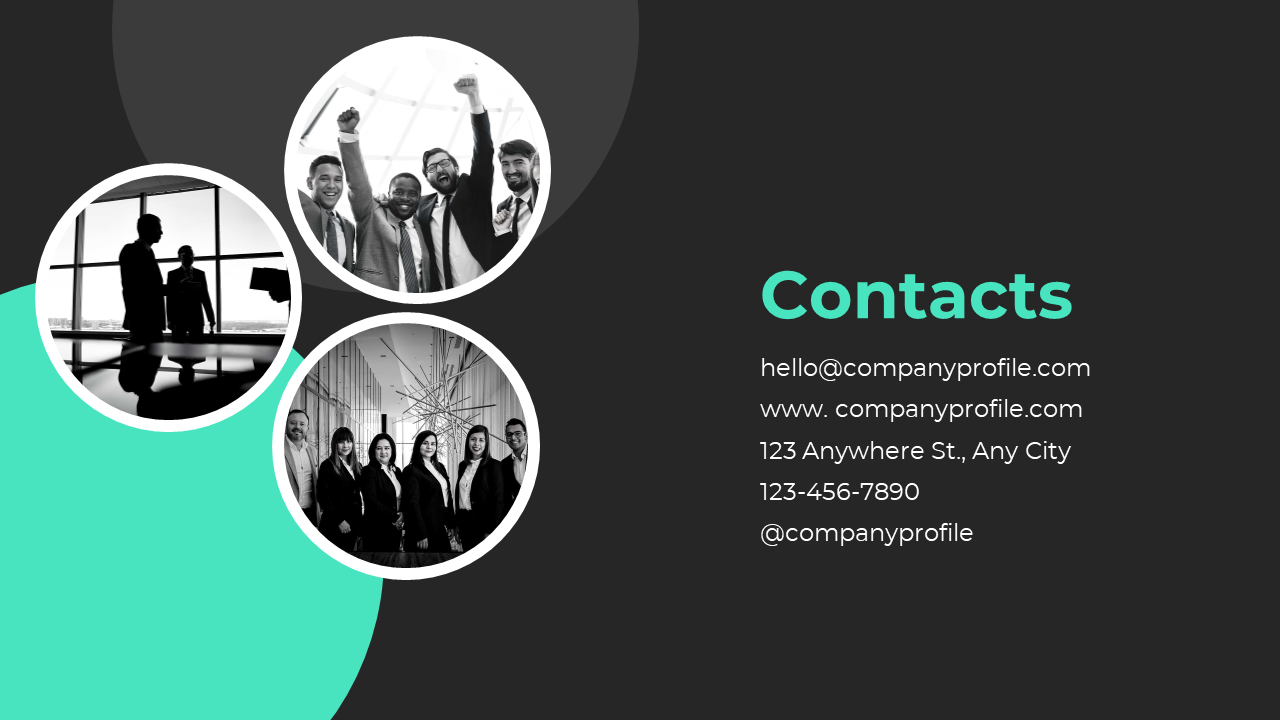 Contact details slide with photos of office teams, including email, website, address, phone number, and social media handles.