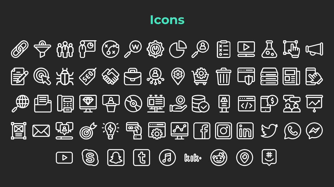 Collection of white business, social media, and tech icons including symbols for SEO and social platforms in dark background.