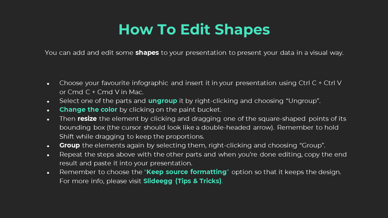 Instructions for editing shapes in PPT presentation, including steps for ungrouping, changing colors, and grouping elements.