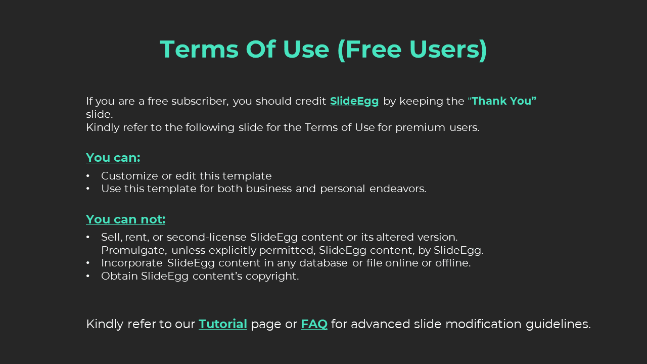 SlideEgg terms for free subscribers, outlining allowed and restricted uses of templates on a dark backdrop.