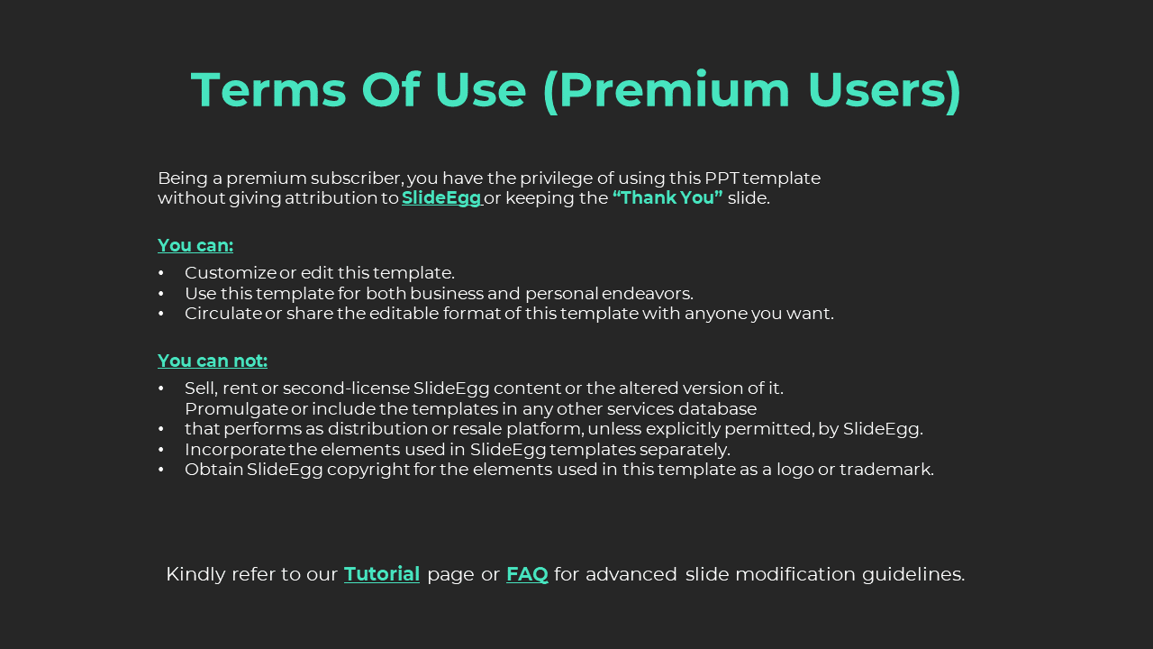 Premium user terms for SlideEgg templates, highlighting the right to customize and share templates on a dark backdrop.
