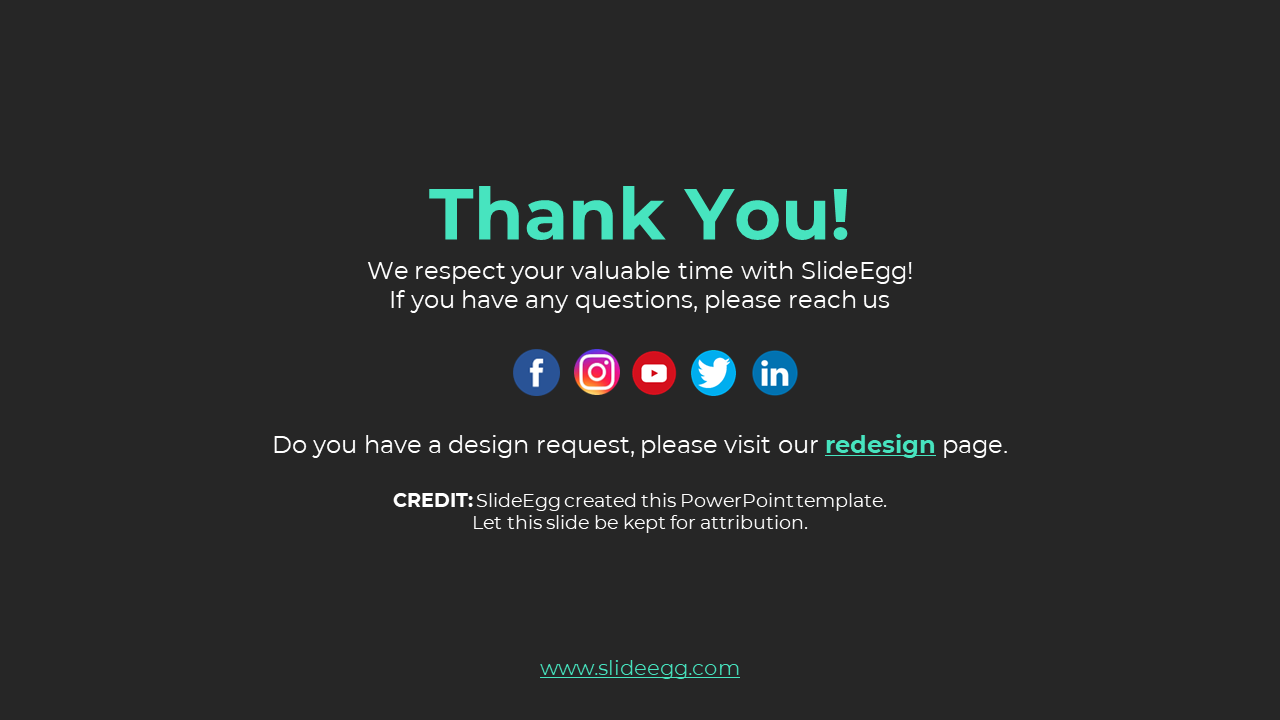 Thank you slide from SlideEgg with contact details, including social media links on a dark backdrop.