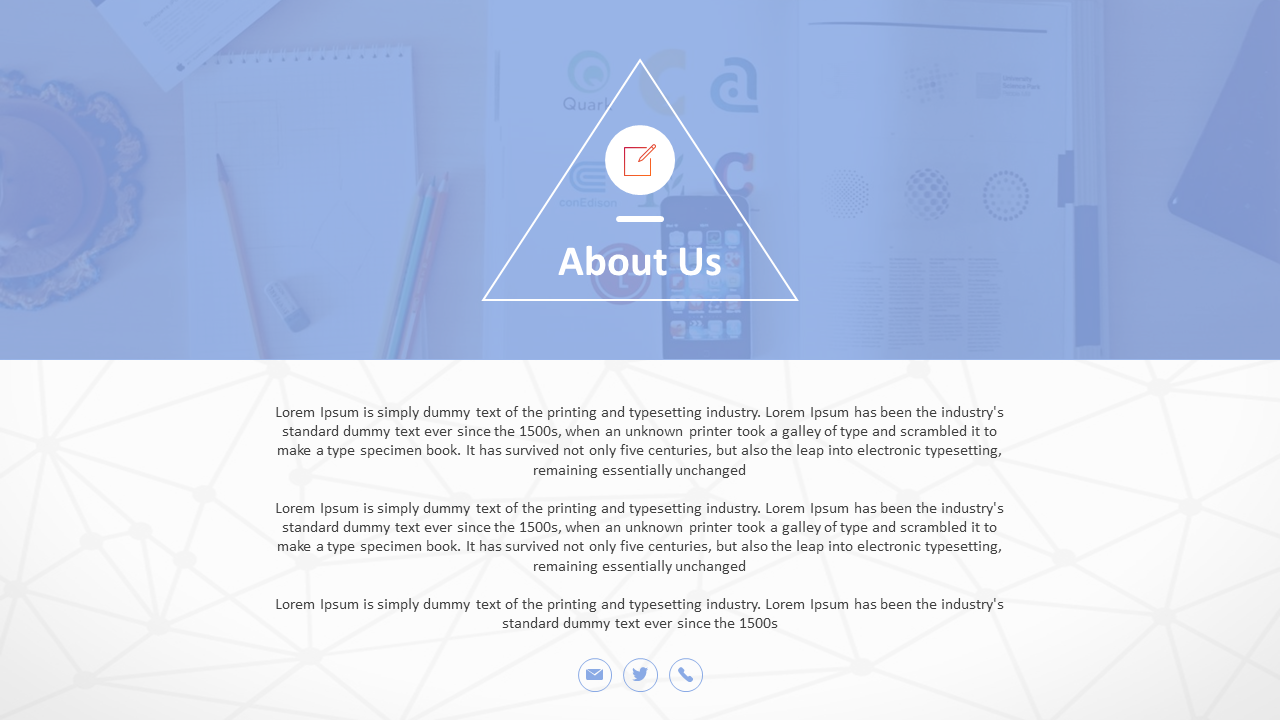 About Us slide with an icon inside a triangle, text content, and social media contact links on a white and blue theme.