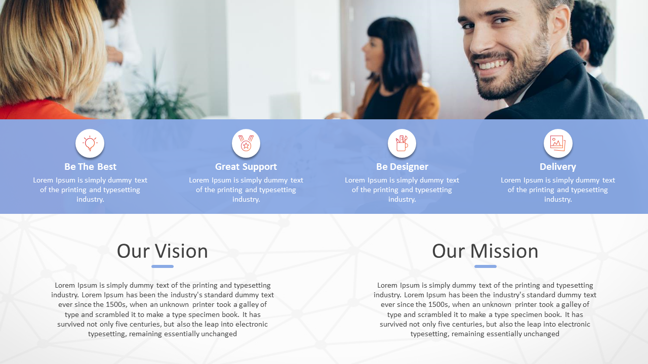 White and blue corporate slide titled our vision and our mission with icons for each objective, and placeholder text.