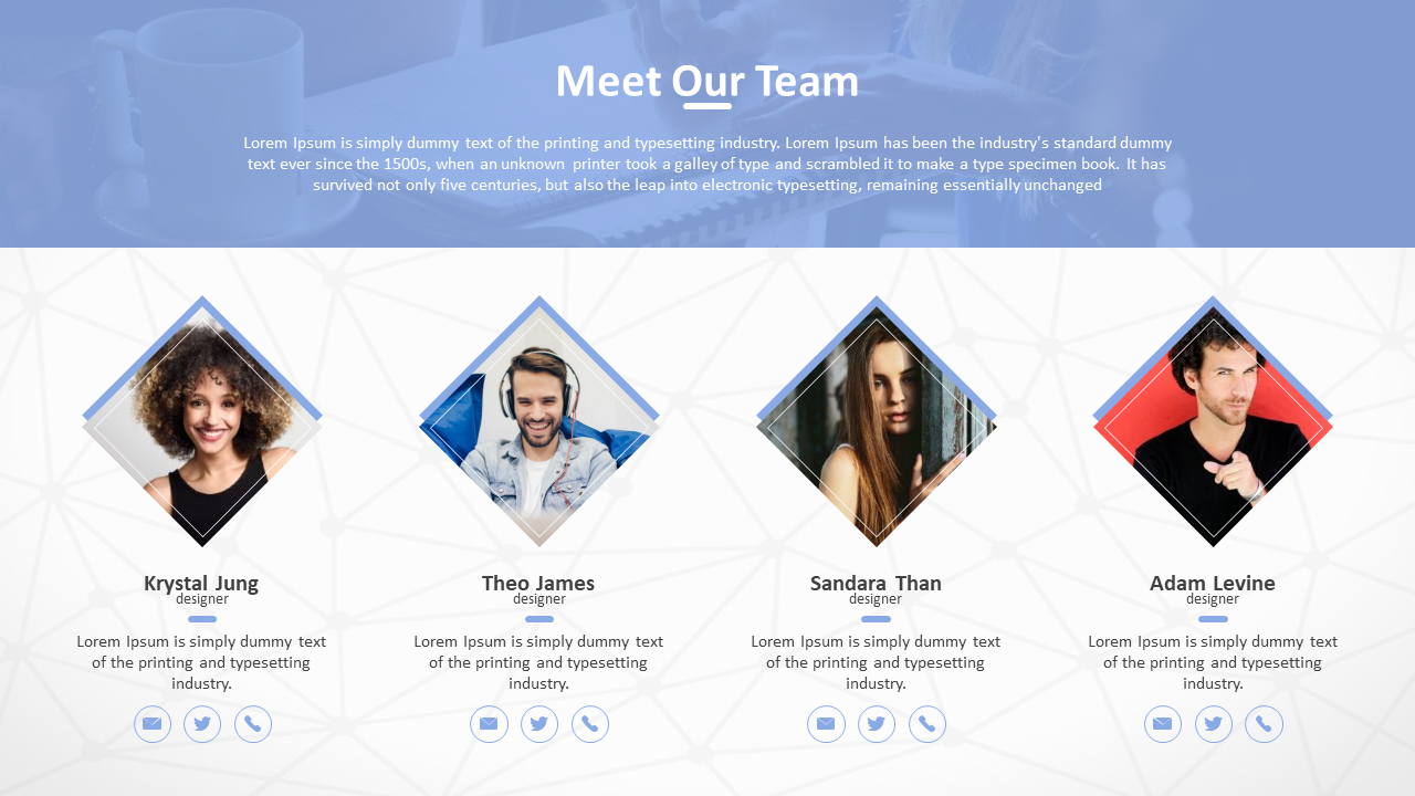 Meet Our Team slide with 4 team members with placeholders for social media contact links on blue and white theme with icons.