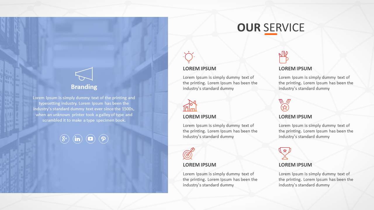 Our Service slide features branding with an icon of a megaphone, followed by text descriptions in a white and blue theme.