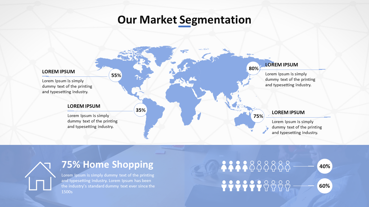 World map slide with data points and percentages, showing market segmentation with cons and text on a blue theme.