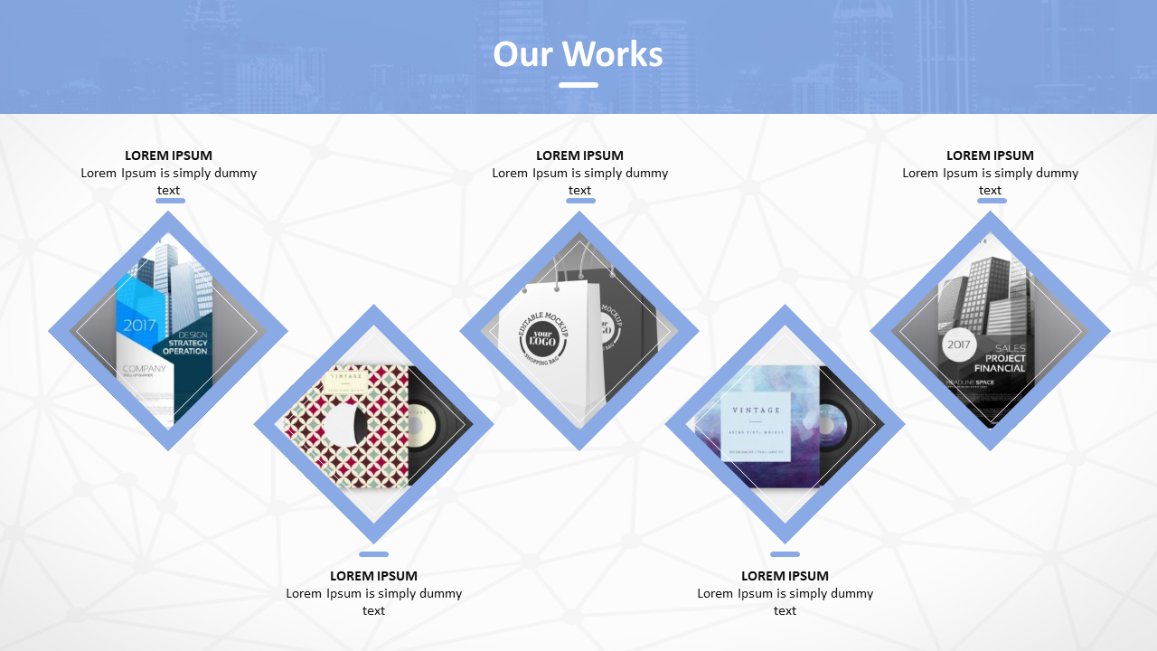 Five diamond shape images with text placeholders, arranged in a row with a geometric background on a white and blue theme.