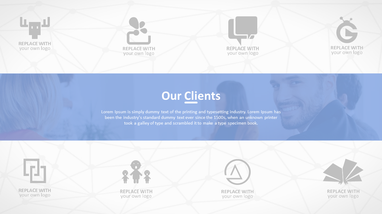 Eight logo placeholders with text, surrounding a central our client's title and description on a white and blue backdrop.