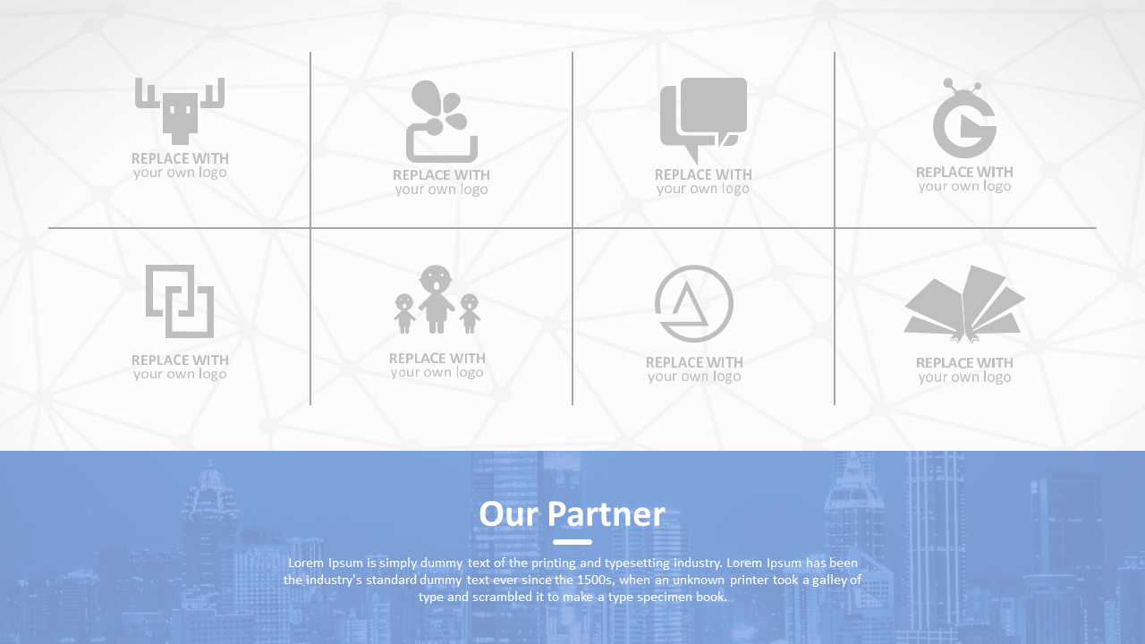 Our Partner slide with eight logo placeholders in a grid, each with the label and background of a cityscape.