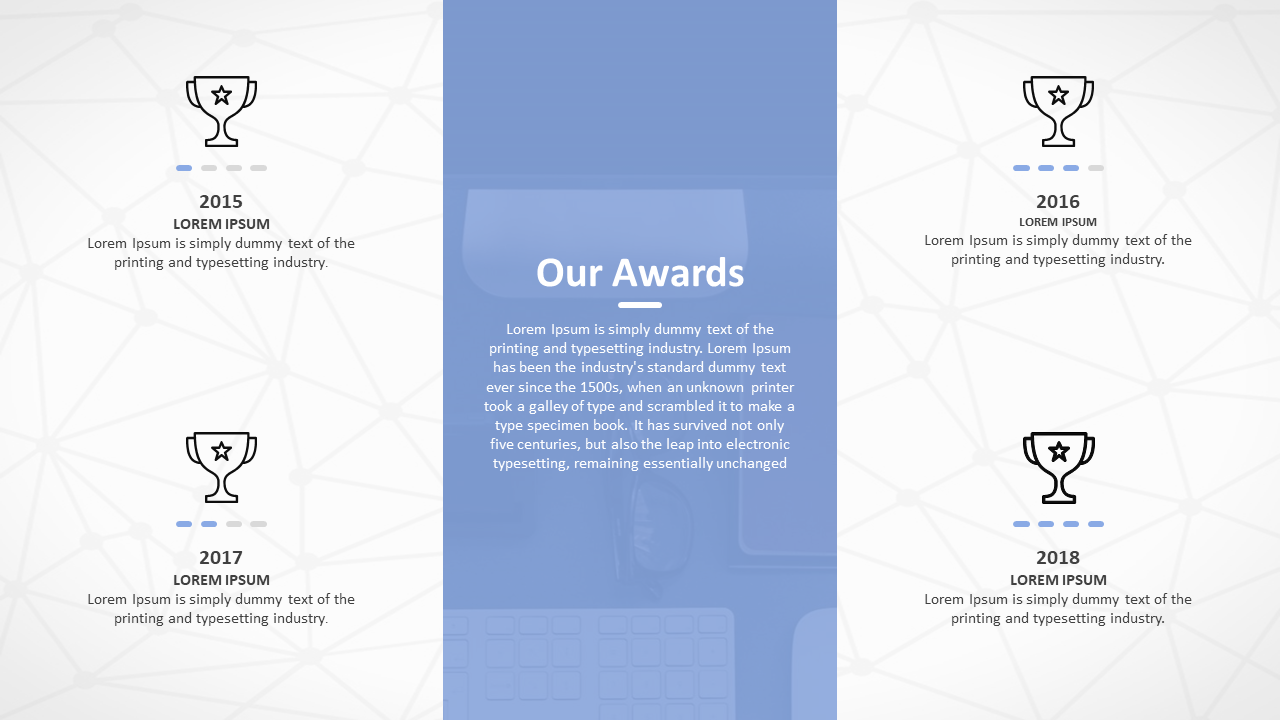 Awards slide featuring three trophy icons for the years 2015, 2016, and 2017 with placeholder text on a white and blue theme.