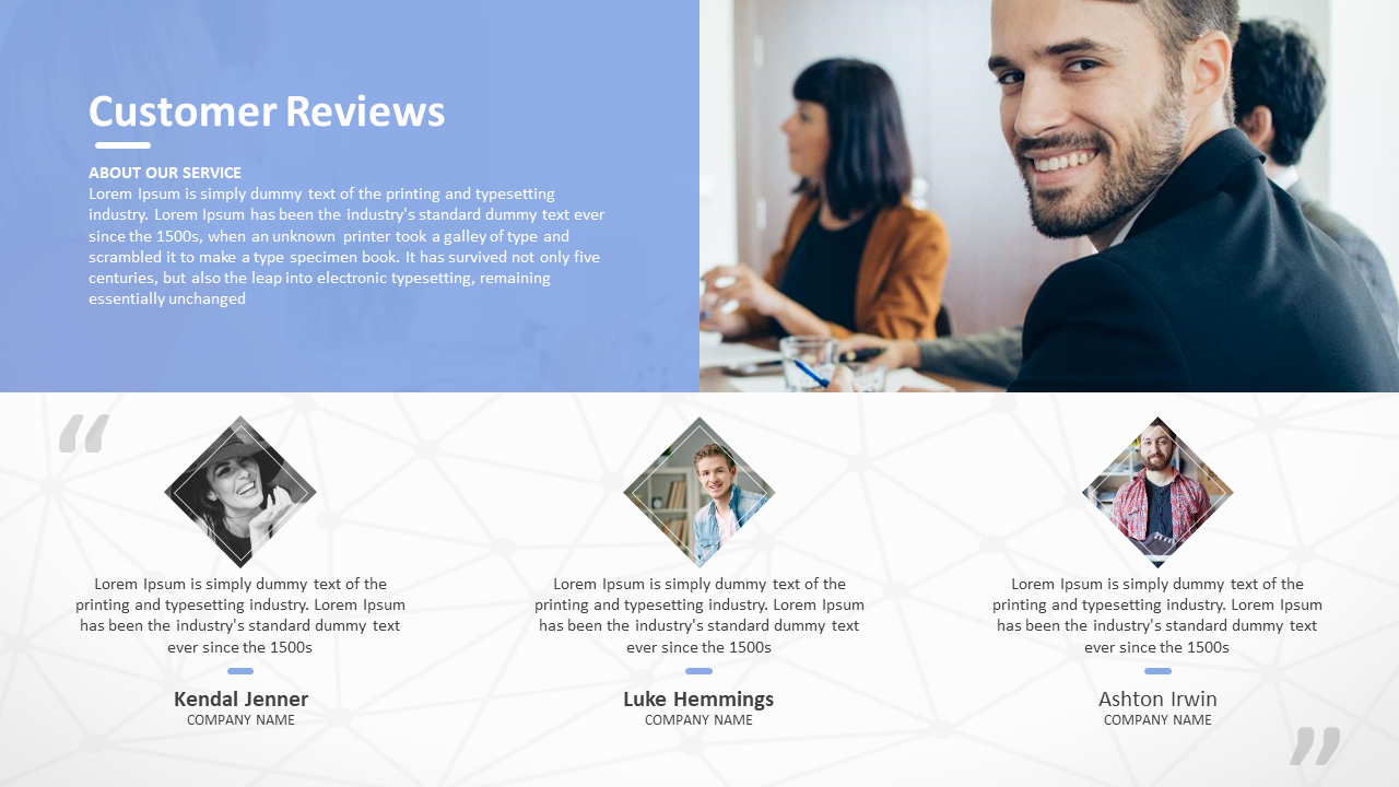 Testimonial slide with quotes from Kendal Jenner, Luke Hemmings, and Ashton Irwin, alongside their photos and company names.
