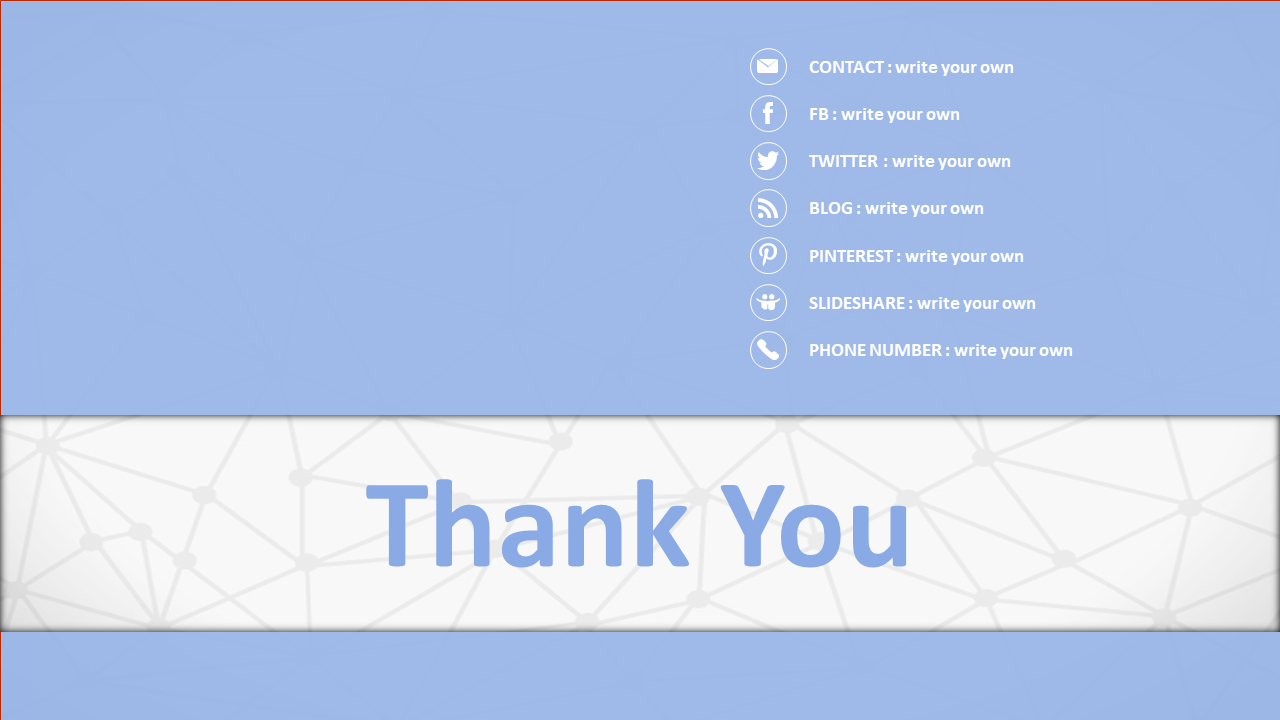 Thank You slide features contact details and social media links like Facebook, Twitter and Pinterest in blue and white theme.