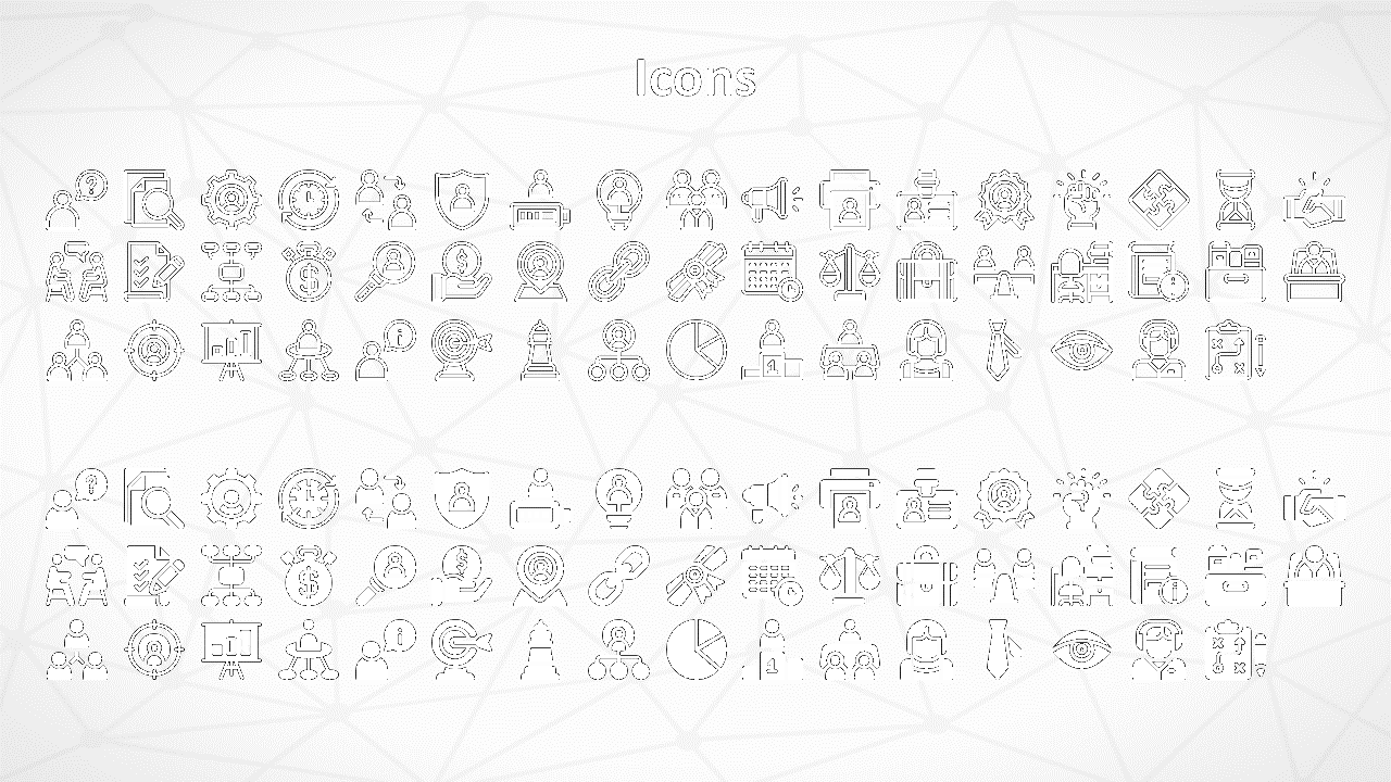 Set of icons illustrating teamwork, finance, data analysis, and digital marketing tools in a black and white design.