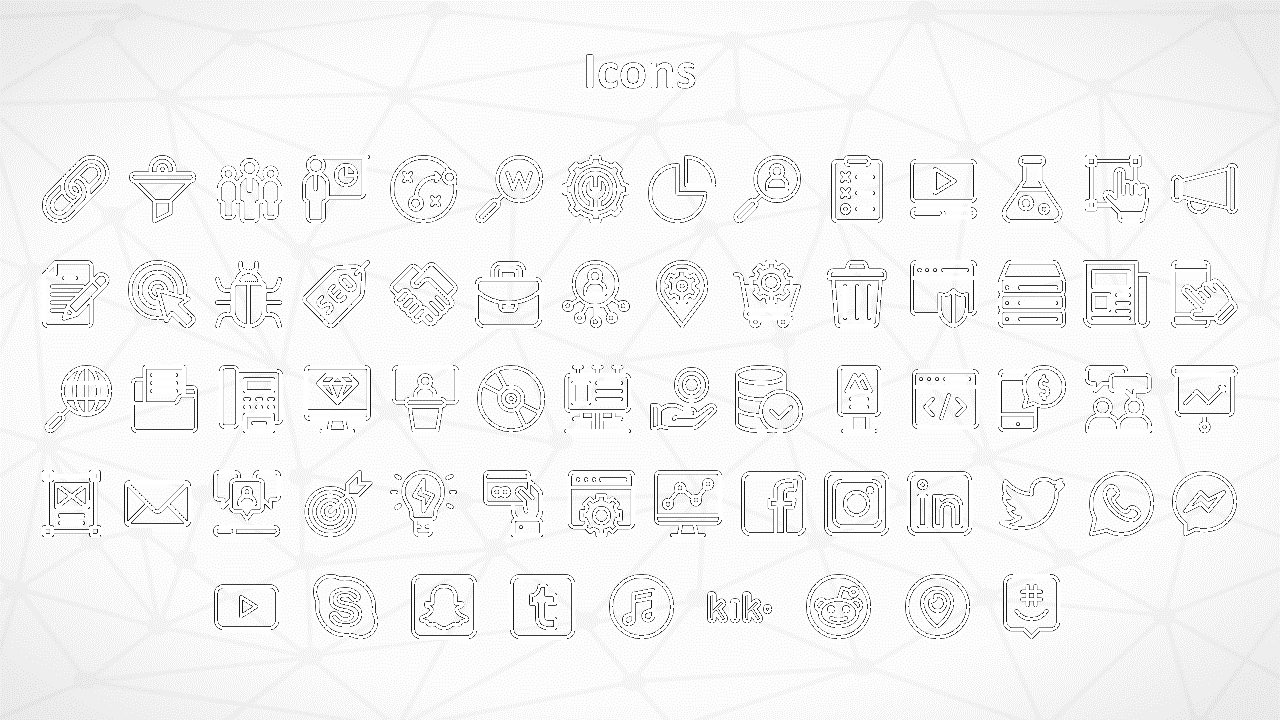 A collection of black and white icons representing digital marketing, e commerce, social media, and business processes.