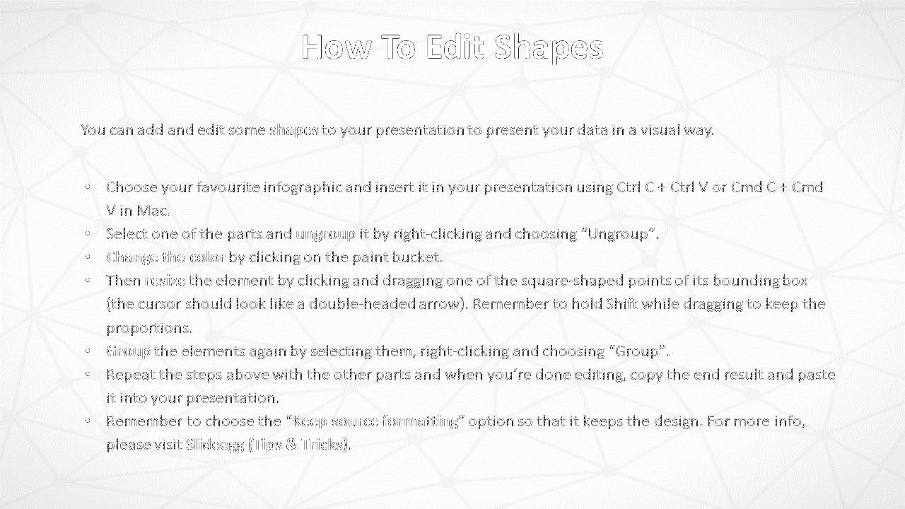 Instructional slide explaining how to edit shapes in a PowerPoint presentation, with tips on a white backdrop.