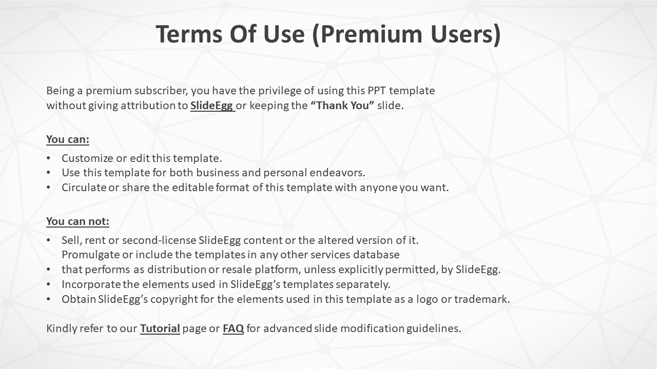 Terms of use for premium users, outlining the benefits of customizing and sharing SlideEgg templates on a white backdrop.