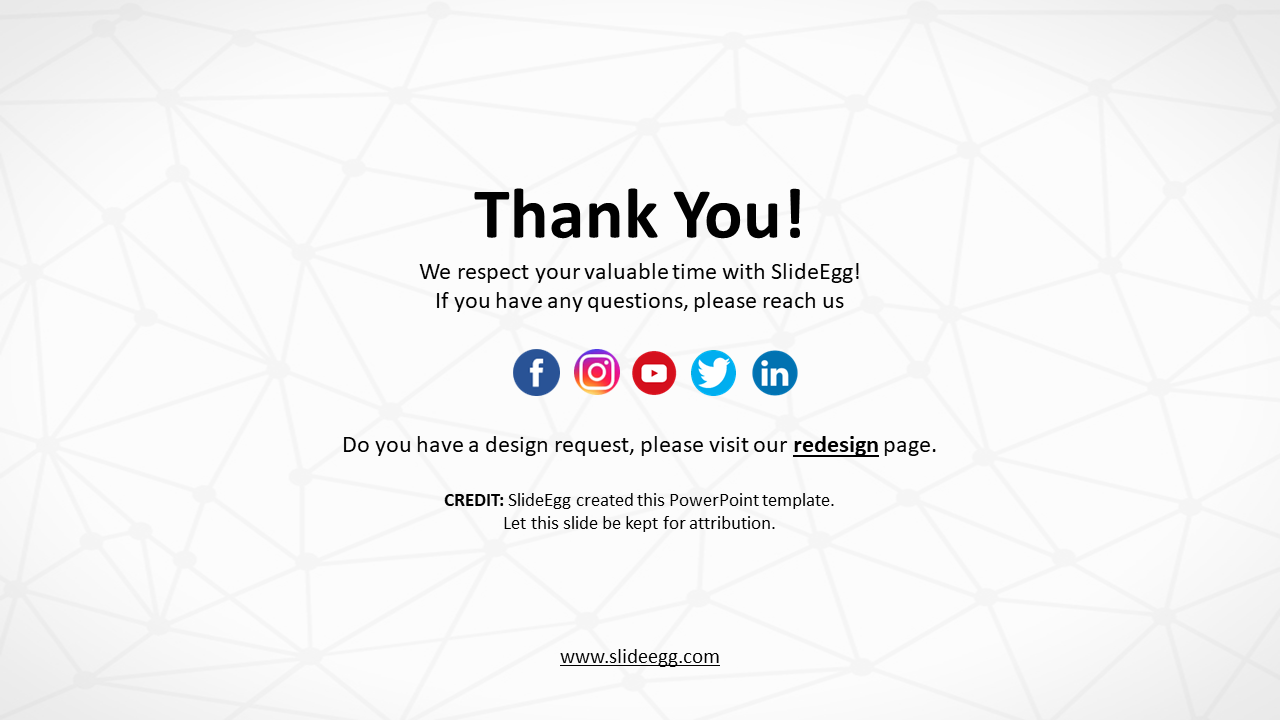 Thank you slide from SlideEgg, featuring social media links and a call to visit the redesign page on a white backdrop.