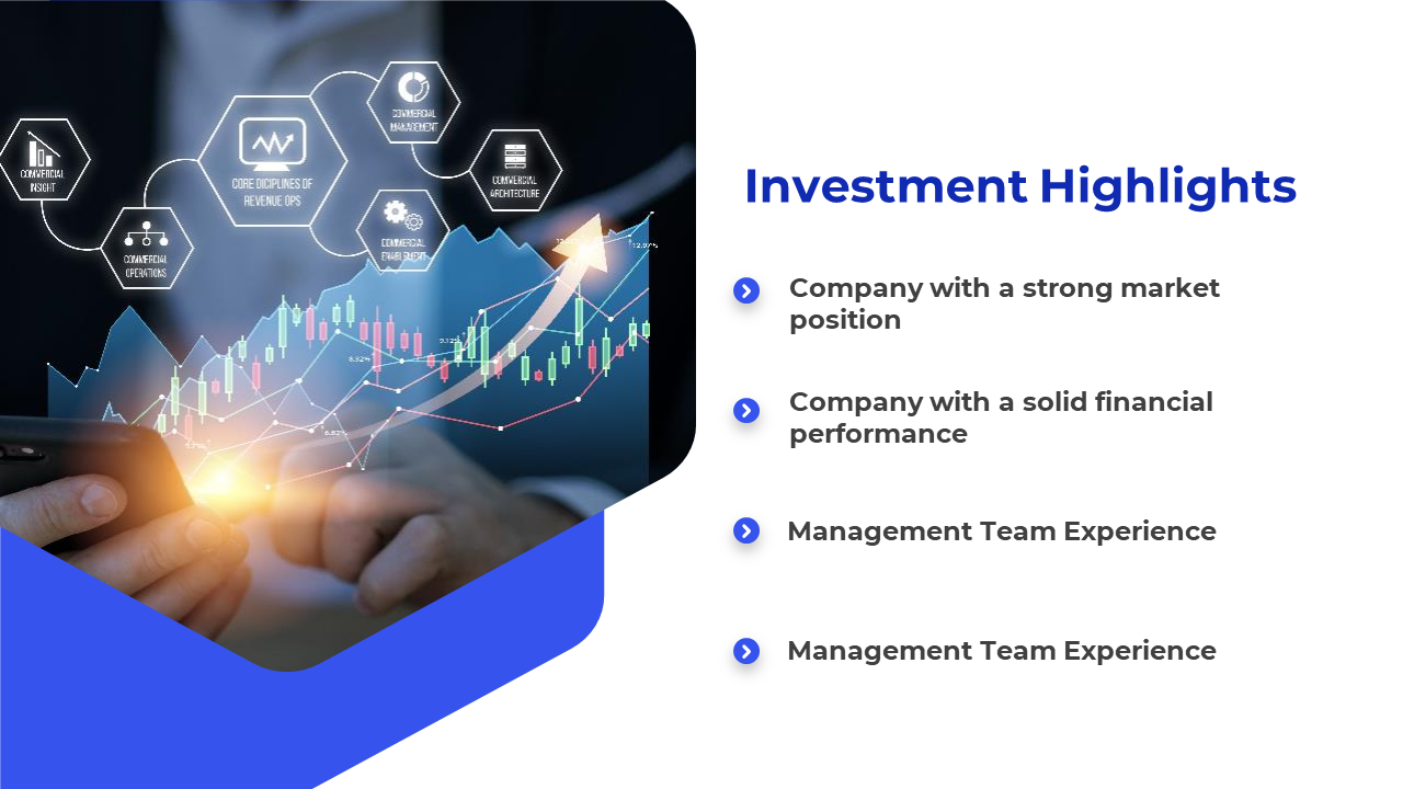Blue and white investment highlights slide featuring person using a smartphone with financial graph and key business factors.