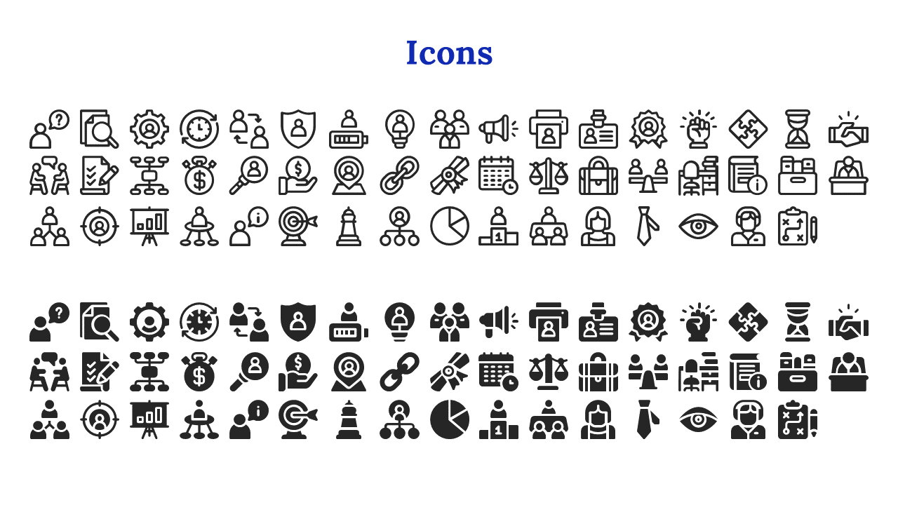 Collection of black icons representing different business concepts on a white backdrop.