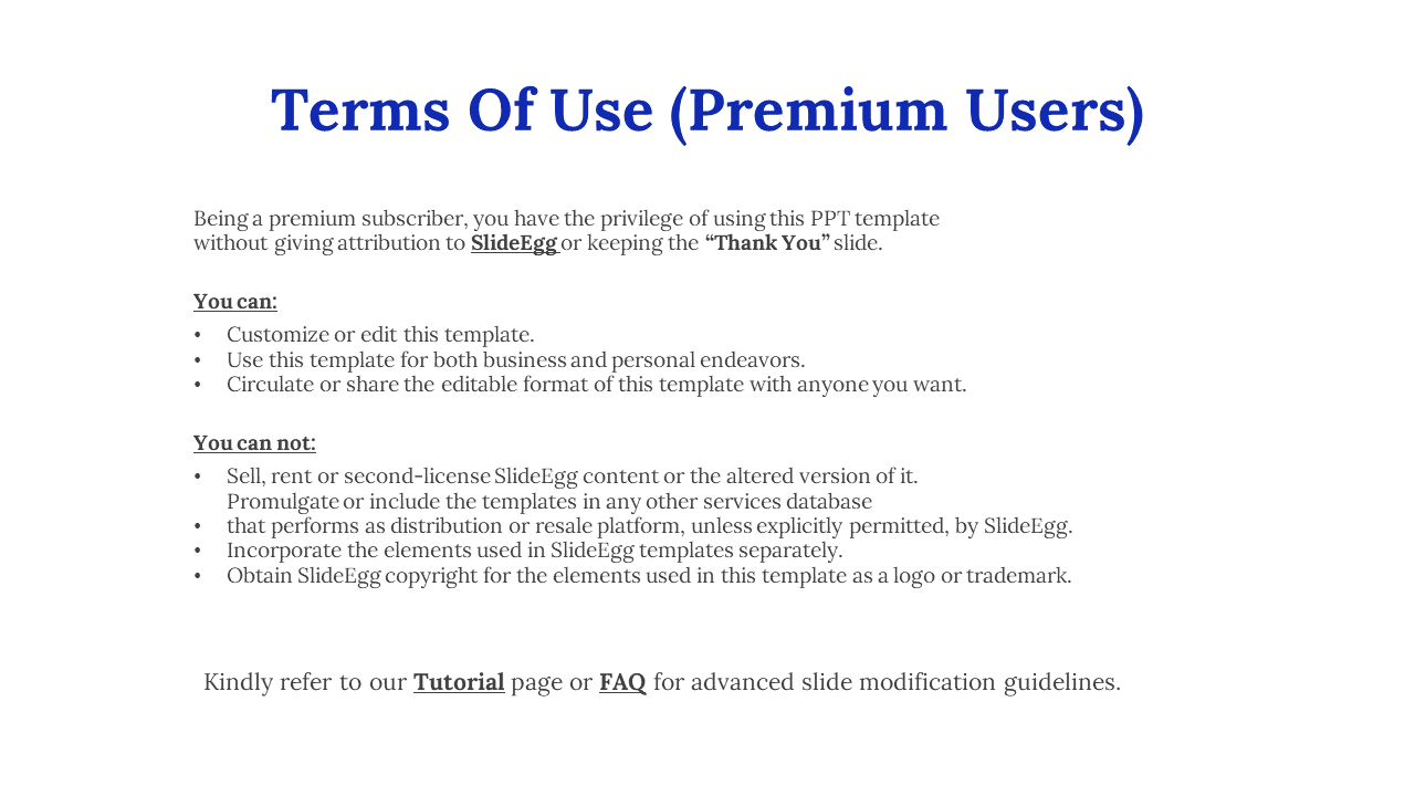 Terms of use for premium users, outlining privileges such as the freedom to edit and share templates in a white theme.