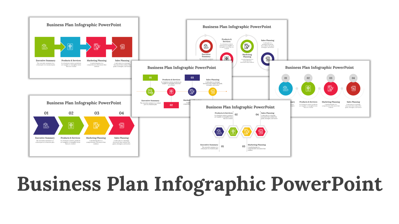 Business plan infographic PowerPoint slides with colorful icons in different layout designs with descriptions in white theme.