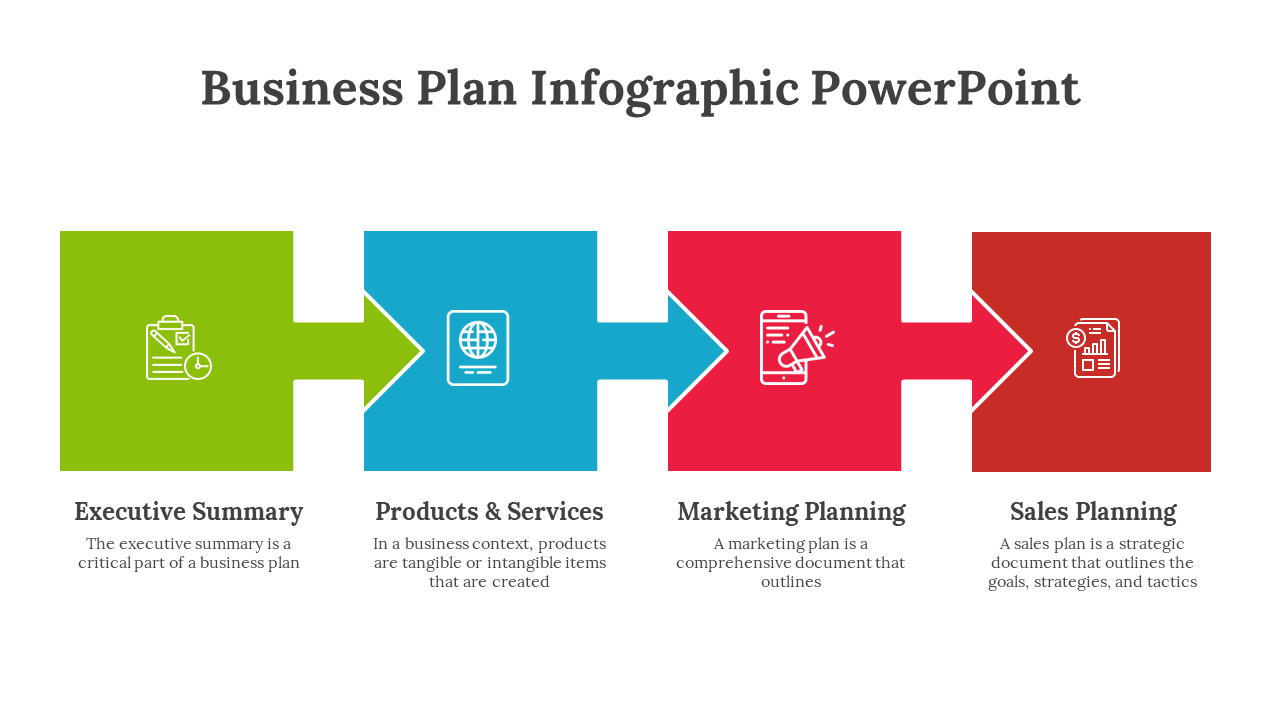 Business plan infographic PowerPoint slide with arrows connecting each colorful box with icons on a white backdrop.