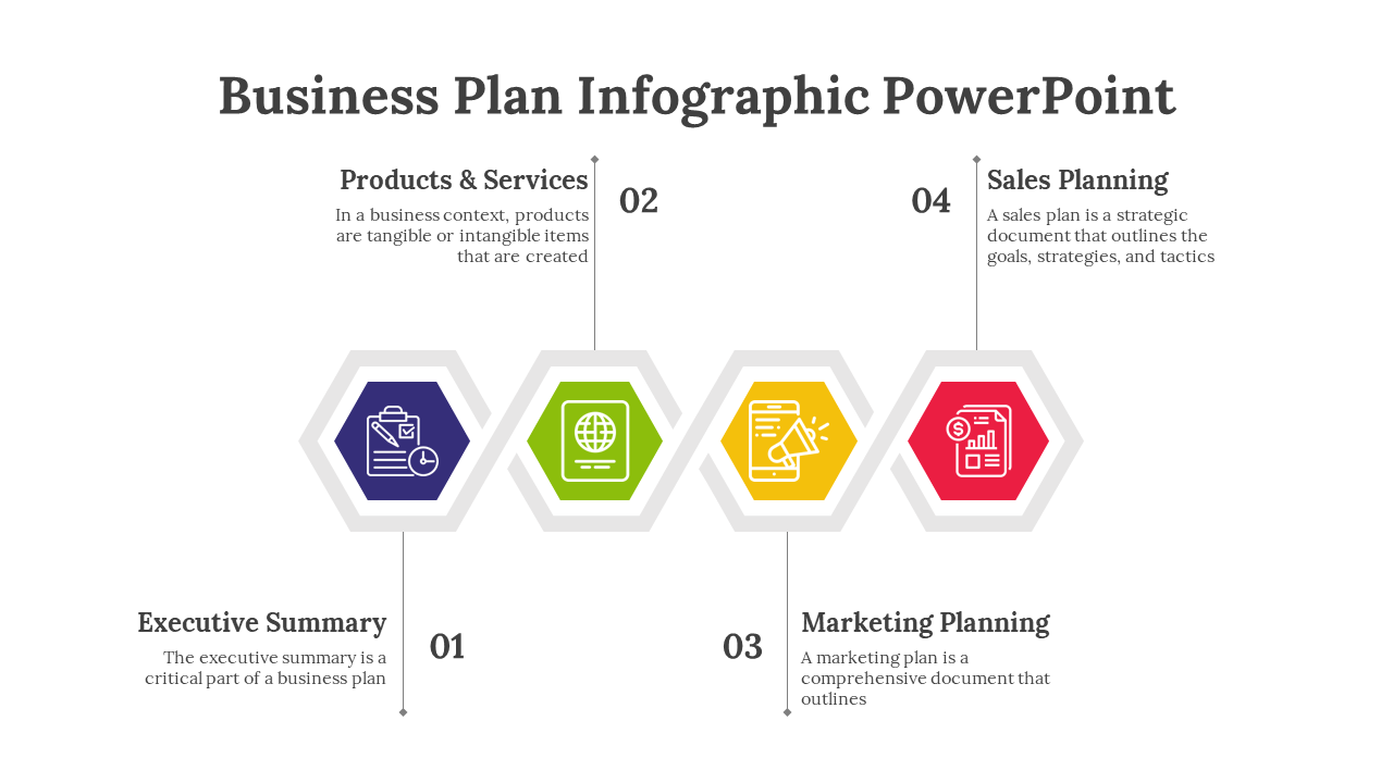 Business plan infographic PowerPoint slide with four colorful hexagonal steps with descriptions on a white backdrop.