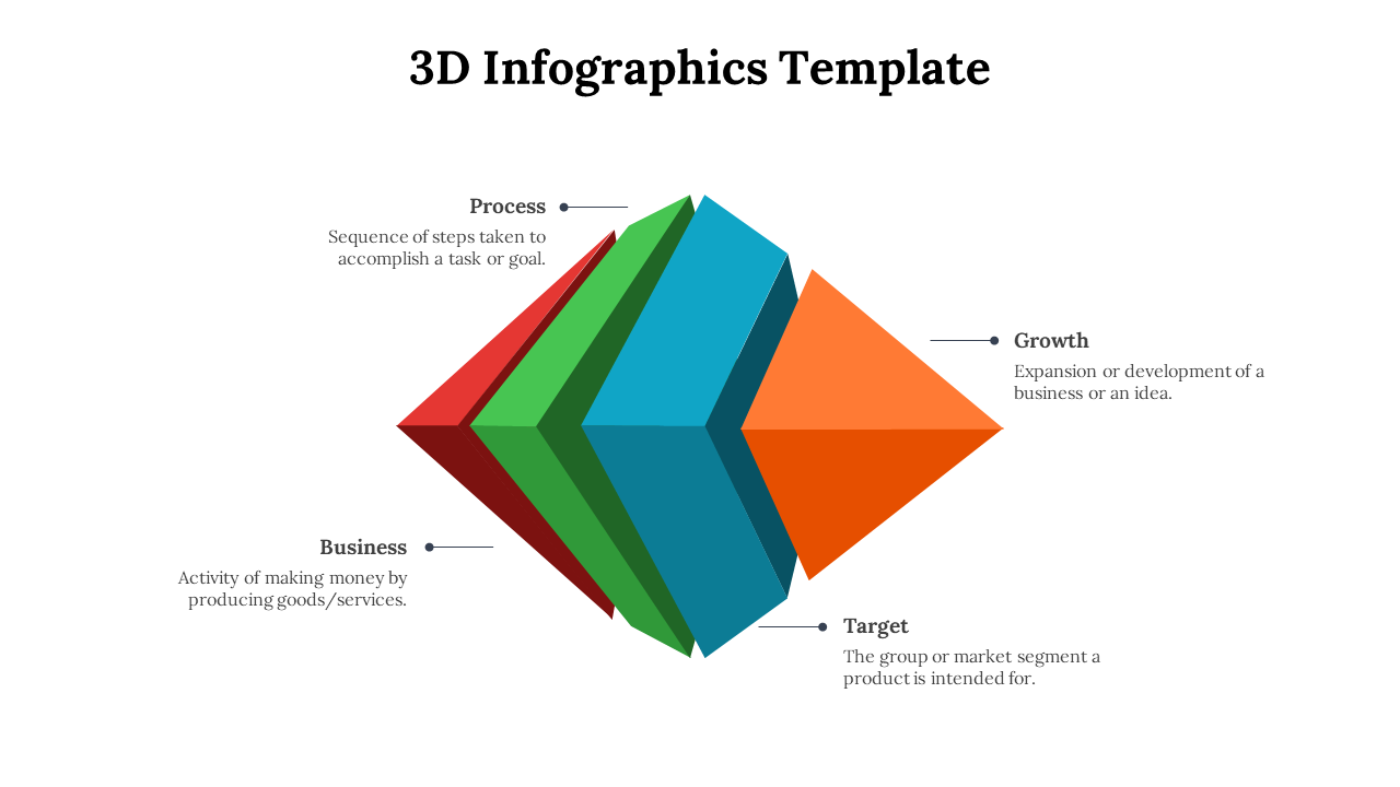 Colorful 3D infographic template with diamonds representing Business, Process, Target, and Growth on a white backdrop.