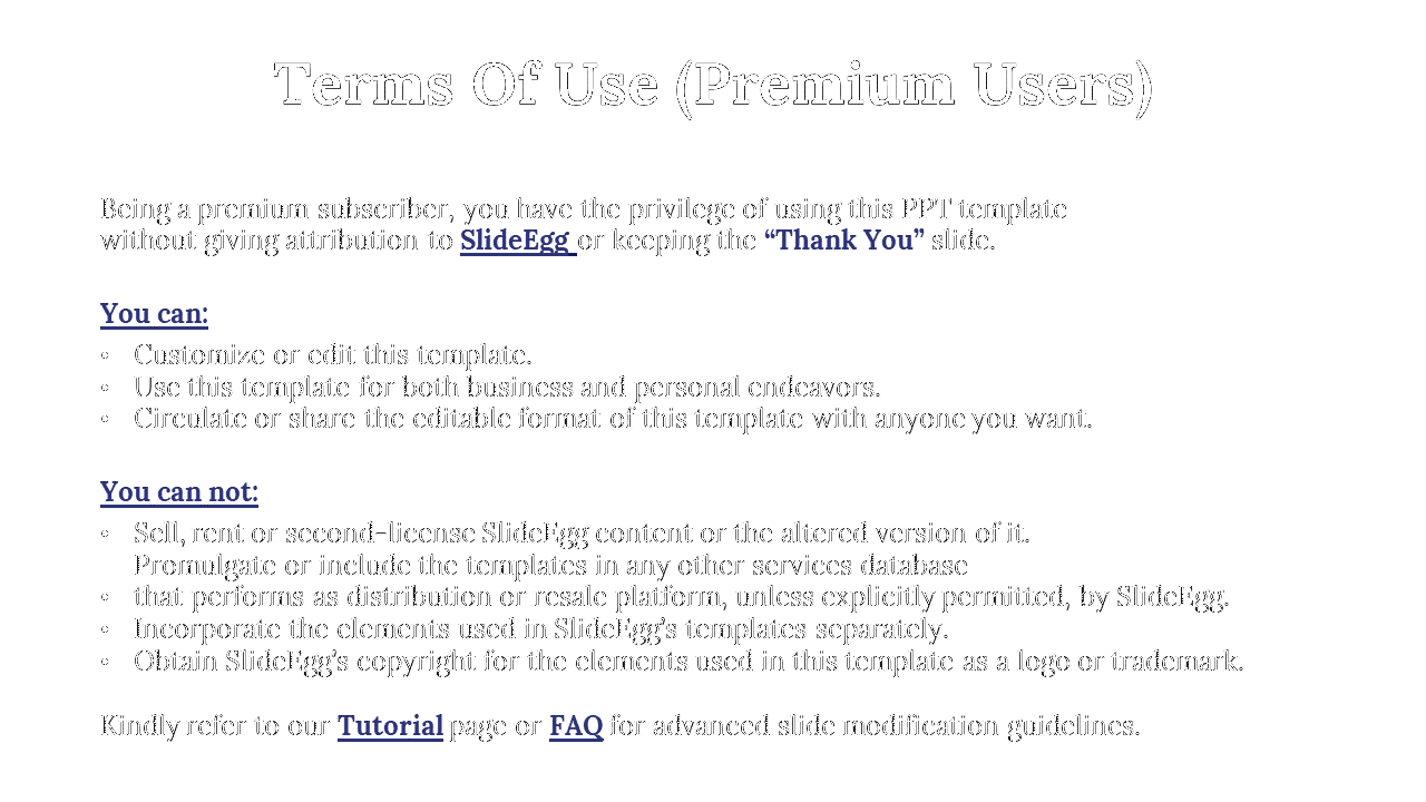 Terms of use for premium users of SlideEgg, with permissions for template editing and distribution in white theme.