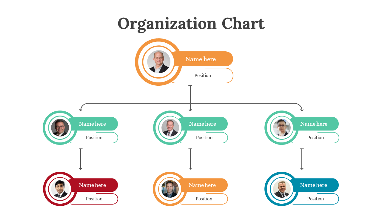 Colorful organizational chart template with a circular design showing positions and names at multiple hierarchical levels.