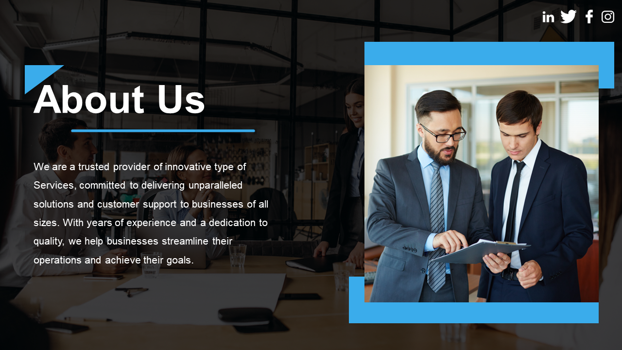 About Us slide featuring two business professionals discussing a tablet, with a team meeting in the background on dark theme.