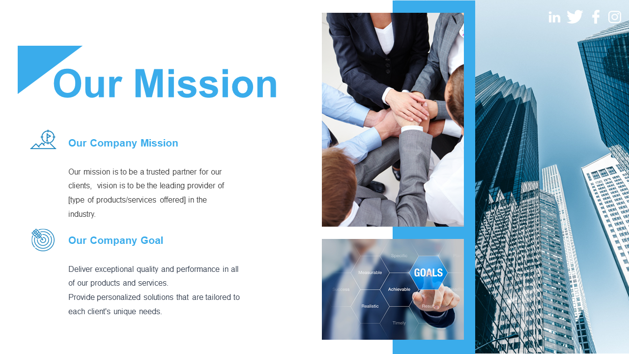 Our Mission slide features a group of business professionals in a team building gesture alongside images of corporate goals.