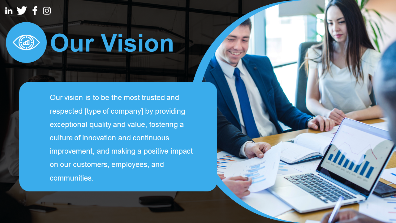 Our Vision slide with a business team discussing strategies over charts and graphs on a blue and black backdrop with icons.