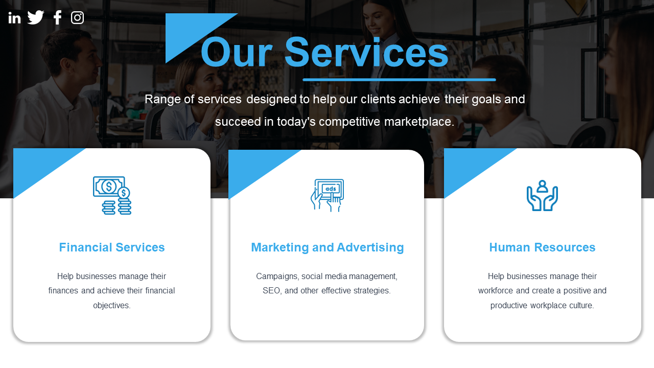 Blue and white our services slide with icons for financial, marketing, and HR services, aimed at business growth and success.