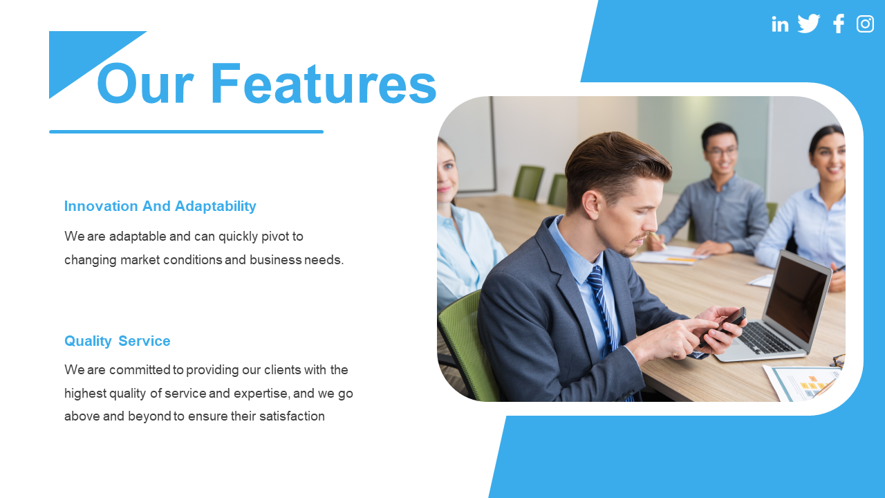 Blue slide showcasing business features innovation, adaptability, and quality service with a team working in the office.