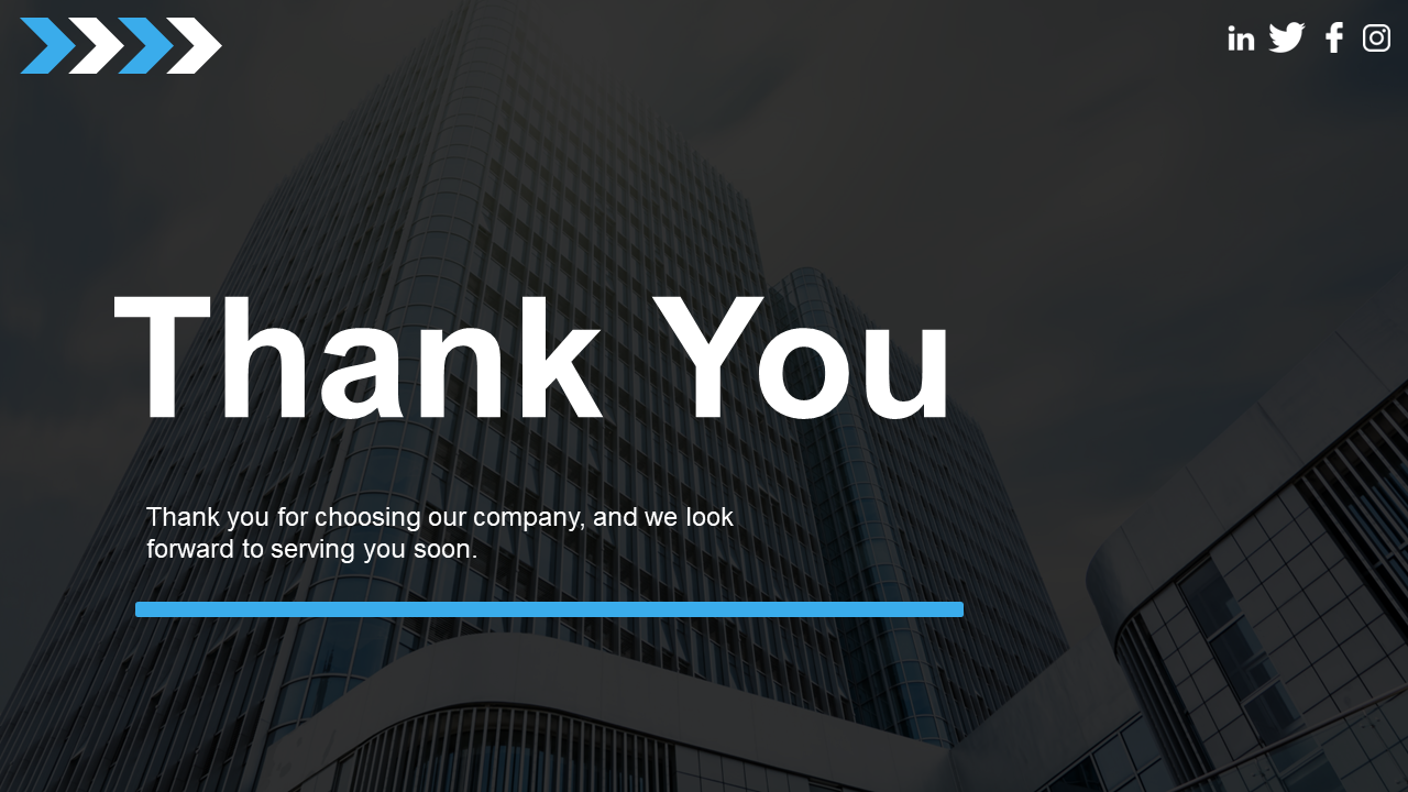 Thank you slide with a modern city skyline background, expressing gratitude for choosing the company on a dark backdrop.