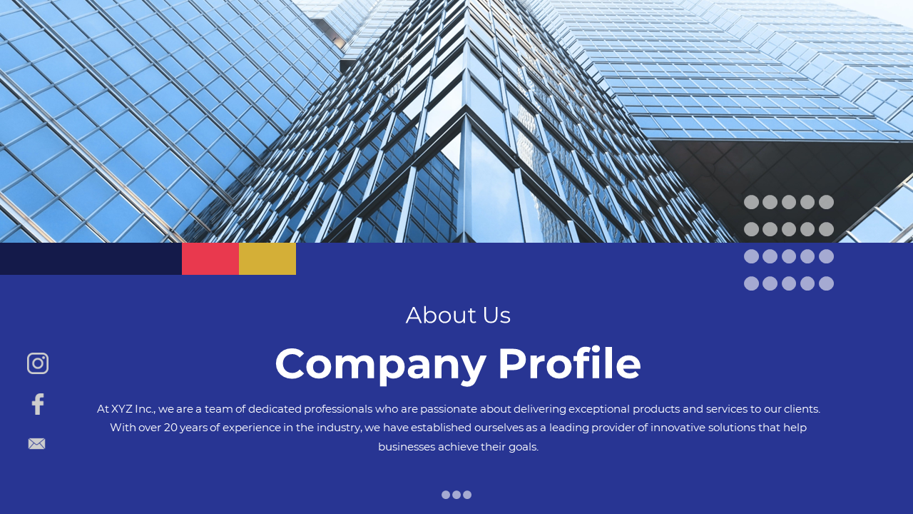 About Us slide for company profile with contact information and a message highlighting the company's experience in blue.