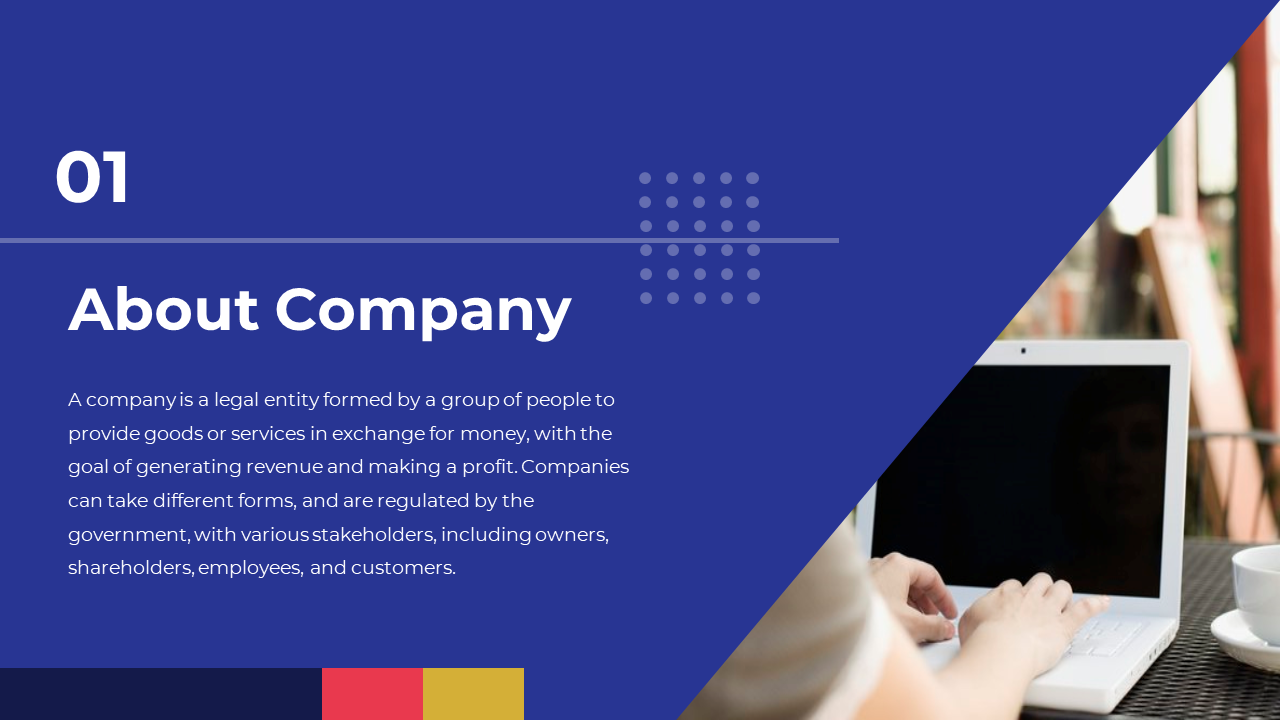 About Company slide describing a company as a legal entity formed for profit, with a photo of a person working on a laptop.